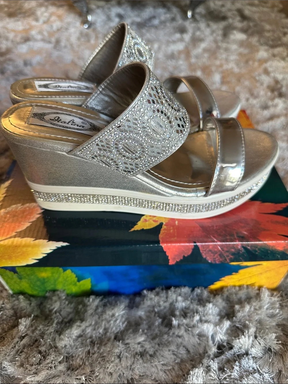 Italina Silver Crystal Rhinestone Wedge Sandals Size 8 NIB